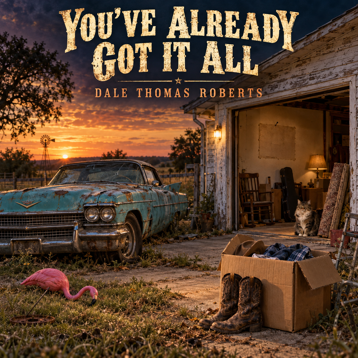 Cover artwork for You've Already Got It All featuring a weathered Cadillac, pink lawn flamingo, cowboy boots, and a cat
